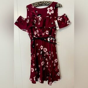 Elle Floral Fit & Flare Dress in Burgundy with Black Belt